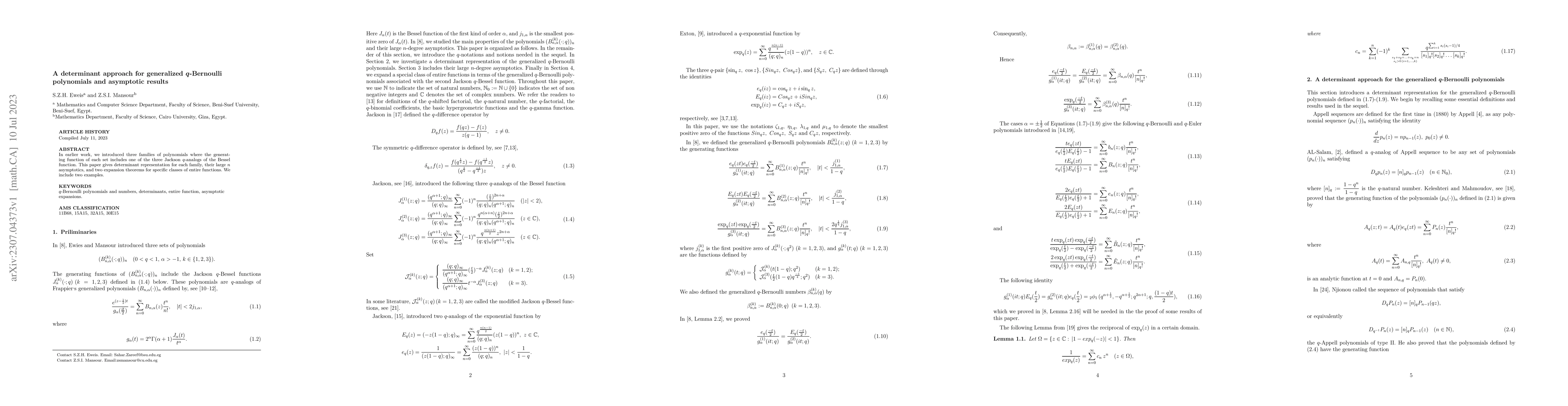 Thumbnail for A determinant approach for generalized $q$-Bernoulli polynomials and
  asymptotic results