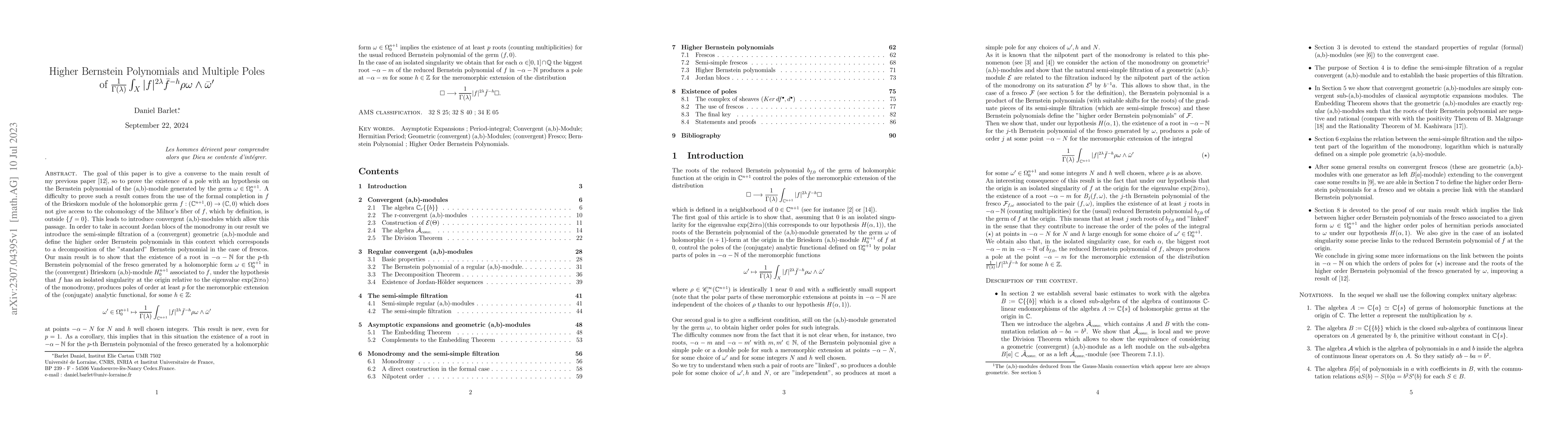 Thumbnail for Higher Bernstein Polynomials and Multiple Poles of
  $\frac{1}{\Gamma(\lambda)} \int_X \vert f \vert^{2\lambda} \bar
  f^{-h}\rho\omega\wedge \bar \omega'$