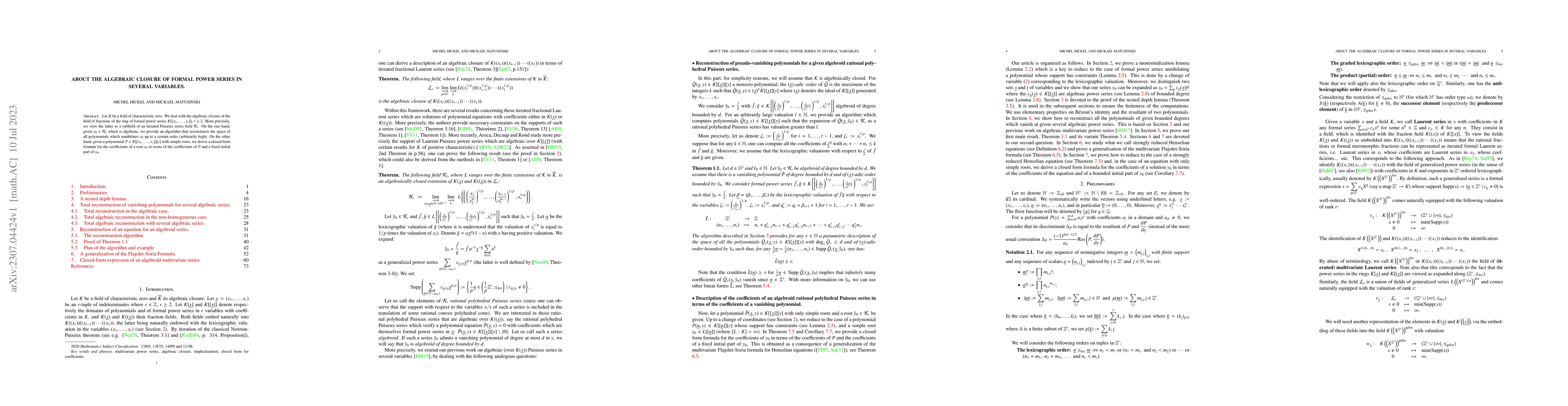 Thumbnail for About the algebraic closure of formal power series in several variables