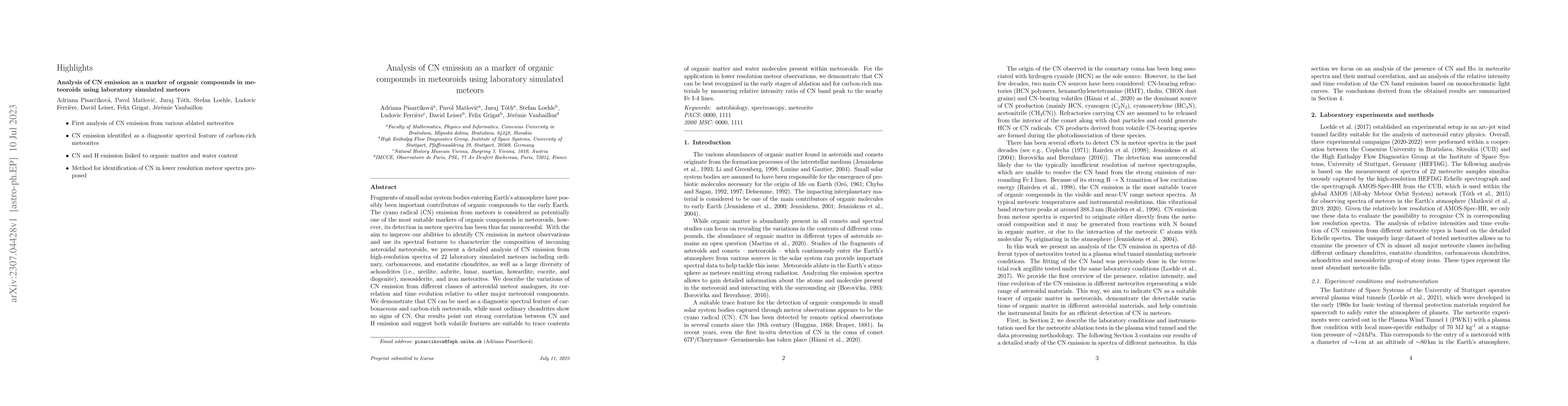 Thumbnail for Analysis of CN emission as a marker of organic compounds in meteoroids
  using laboratory simulated meteors