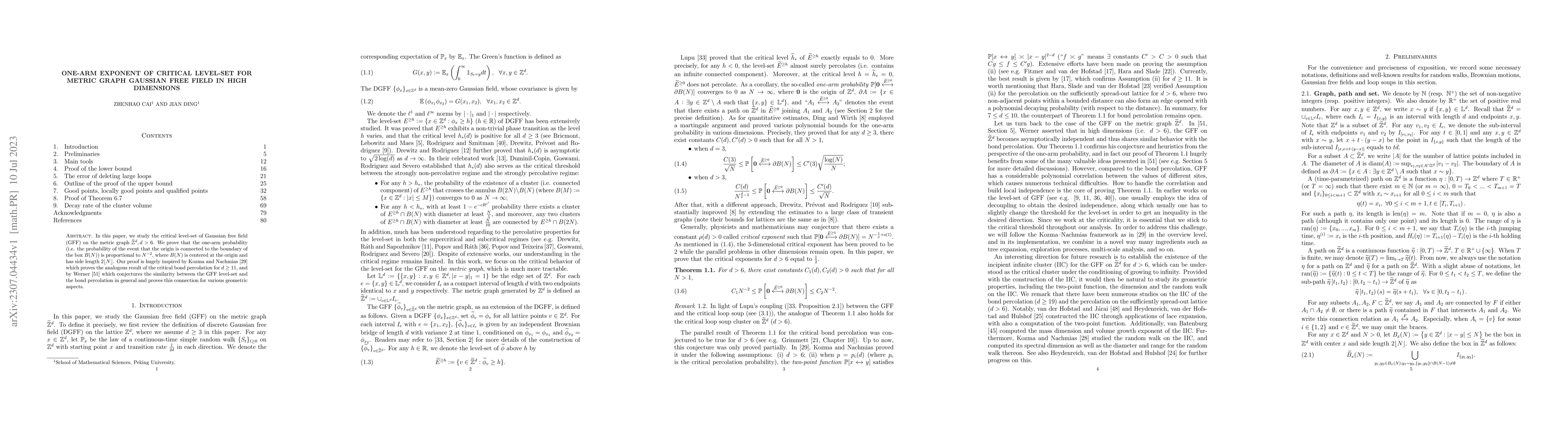 Thumbnail for One-arm exponent of critical level-set for metric graph Gaussian free
  field in high dimensions