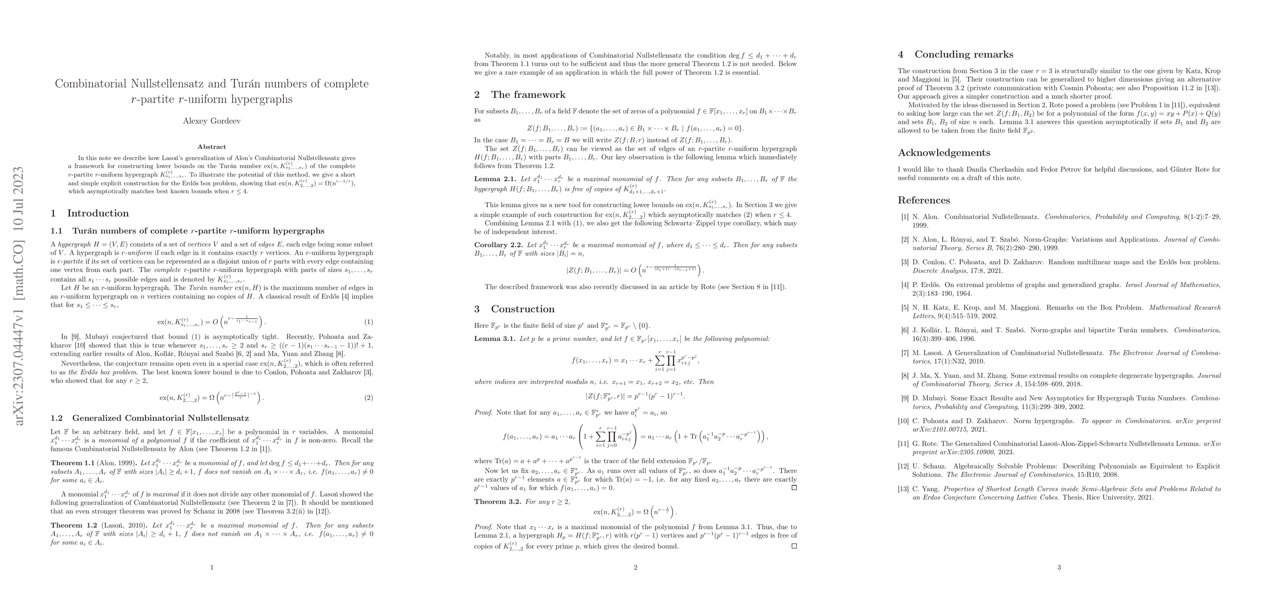 Thumbnail for Combinatorial Nullstellensatz and Tur\'an numbers of complete
  $r$-partite $r$-uniform hypergraphs
