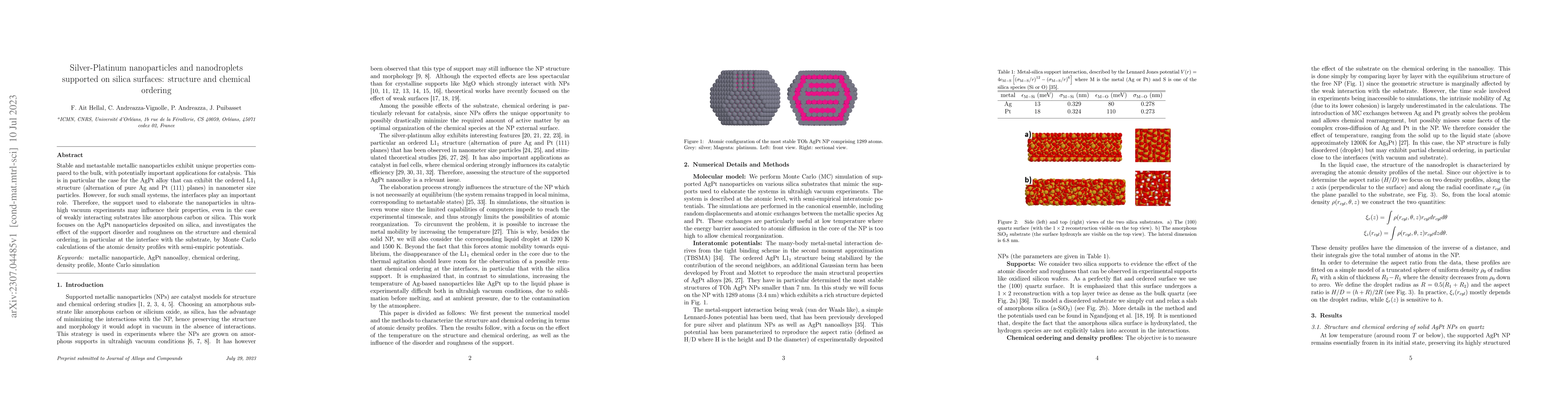 Thumbnail for Silver-Platinum nanoparticles and nanodroplets supported on silica
  surfaces: structure and chemical ordering