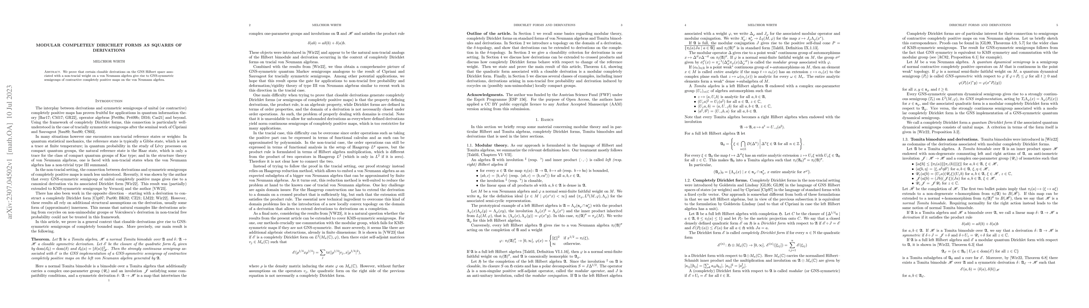 Thumbnail for Modular Completely Dirichlet forms as Squares of Derivations