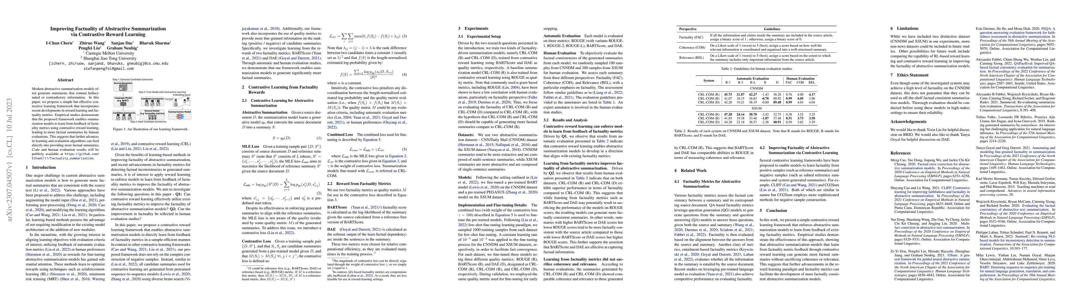Thumbnail for Improving Factuality of Abstractive Summarization via Contrastive Reward
  Learning
