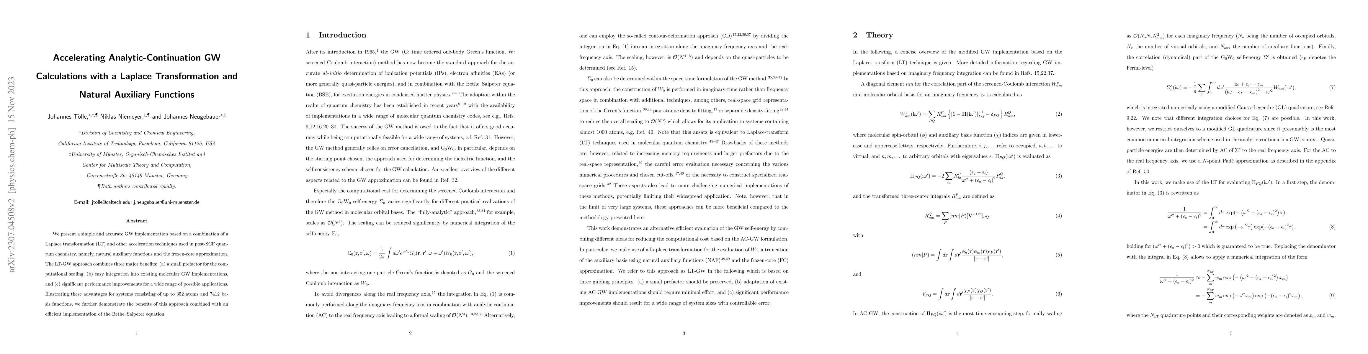 Thumbnail for Accelerating Analytic-Continuation GW Calculations with a Laplace
  Transformation and Natural Auxiliary Functions
