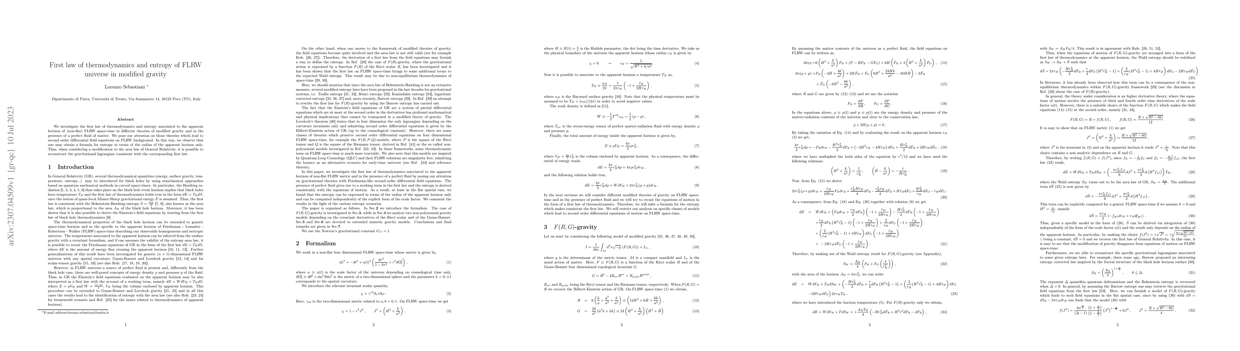 Thumbnail for First law of thermodynamics and entropy of FLRW universe in modified
  gravity