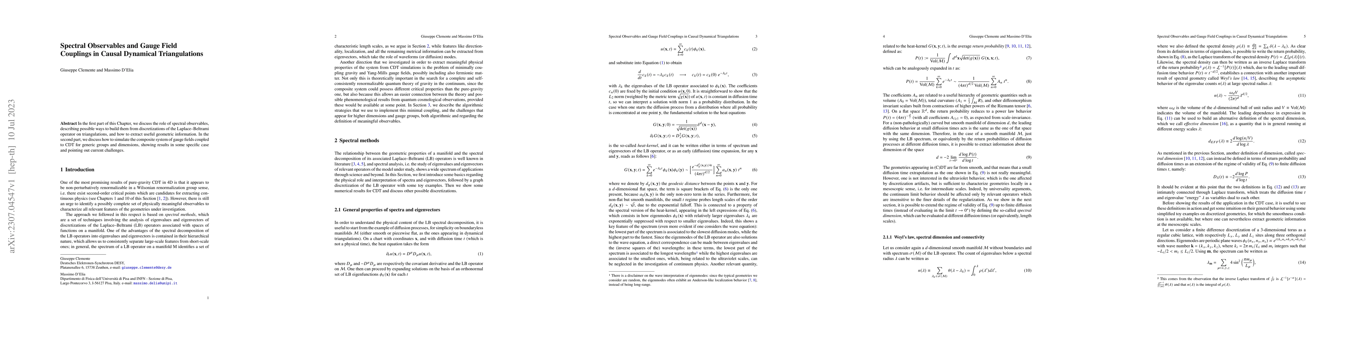 Thumbnail for Spectral Observables and Gauge Field Couplings in Causal Dynamical
  Triangulations