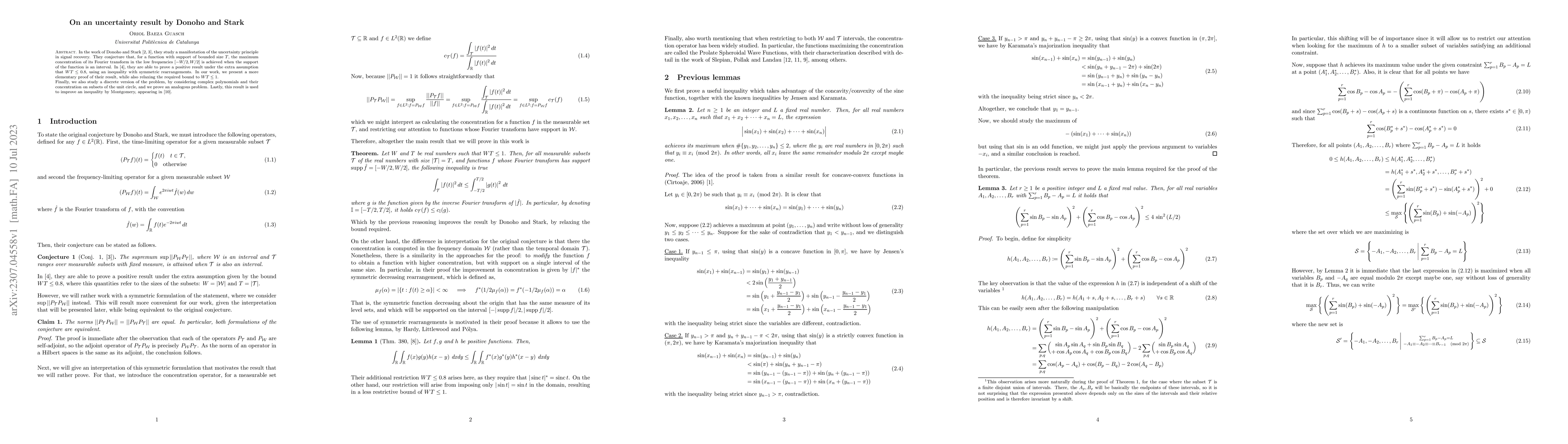 Thumbnail for On an uncertainty result by Donoho and Stark