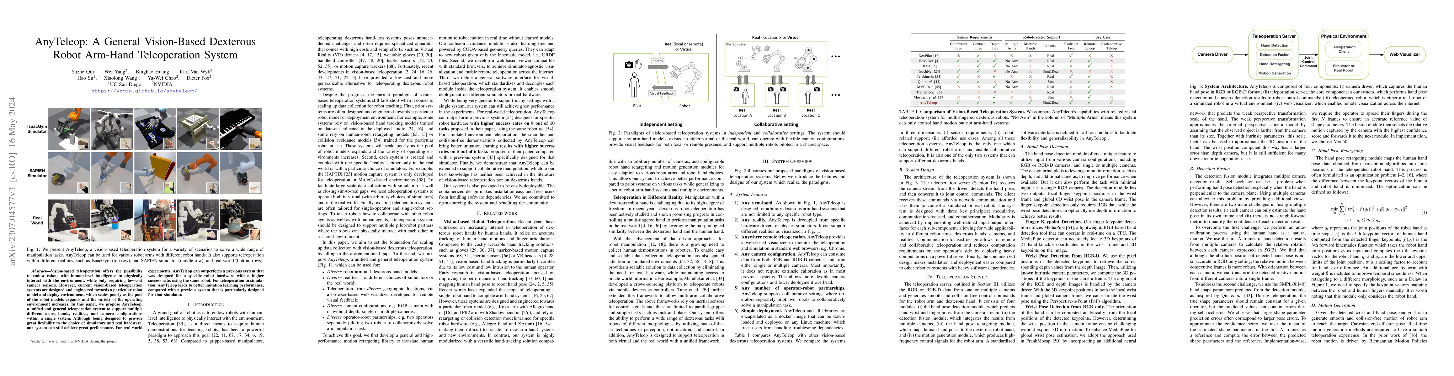 Thumbnail for AnyTeleop: A General Vision-Based Dexterous Robot Arm-Hand Teleoperation
  System