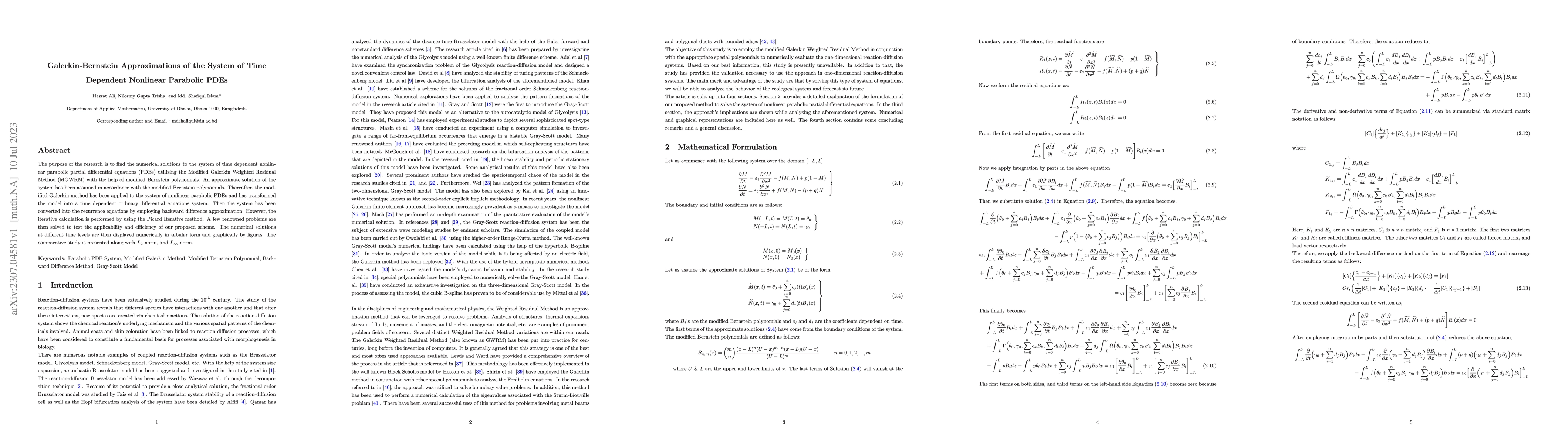 Thumbnail for Galerkin-Bernstein Approximations of the System of Time Dependent
  Nonlinear Parabolic PDEs