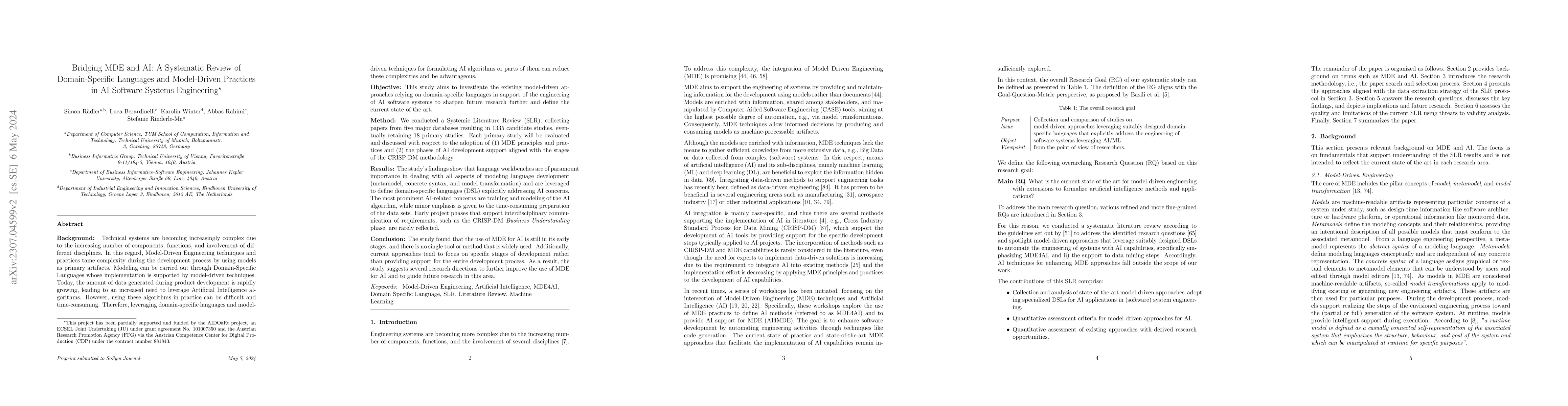 Thumbnail for Bridging MDE and AI: A Systematic Review of Domain-Specific Languages
  and Model-Driven Practices in AI Software Systems Engineering