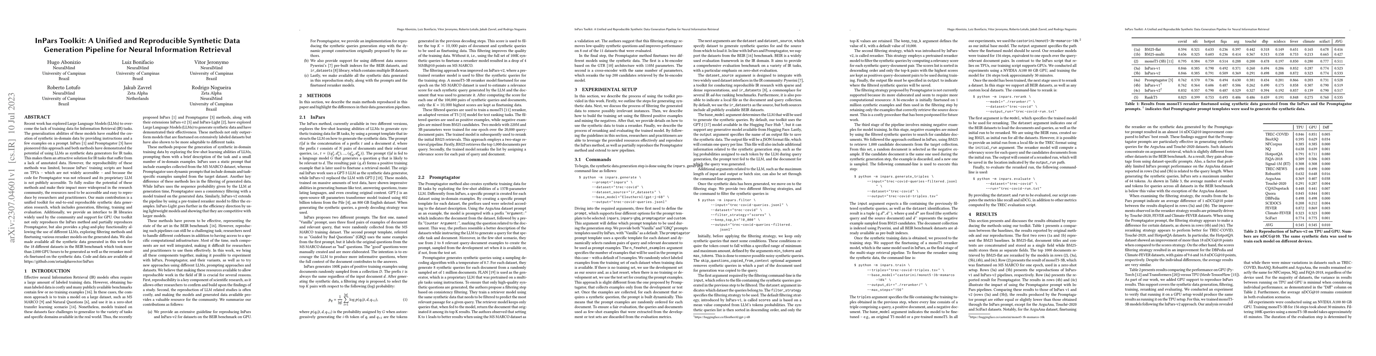 Thumbnail for InPars Toolkit: A Unified and Reproducible Synthetic Data Generation
  Pipeline for Neural Information Retrieval