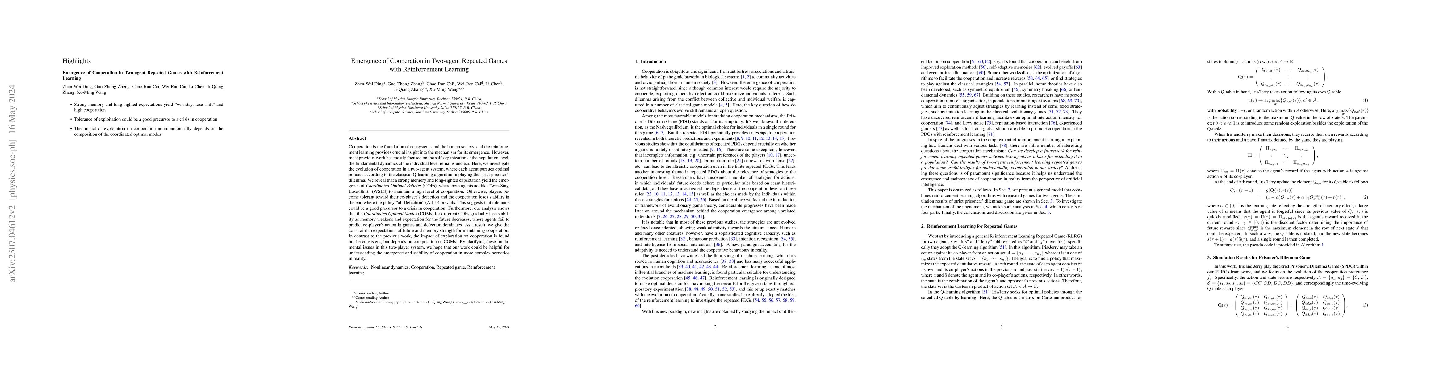 Thumbnail for Emergence of Cooperation in Two-agent Repeated Games with Reinforcement
  Learning