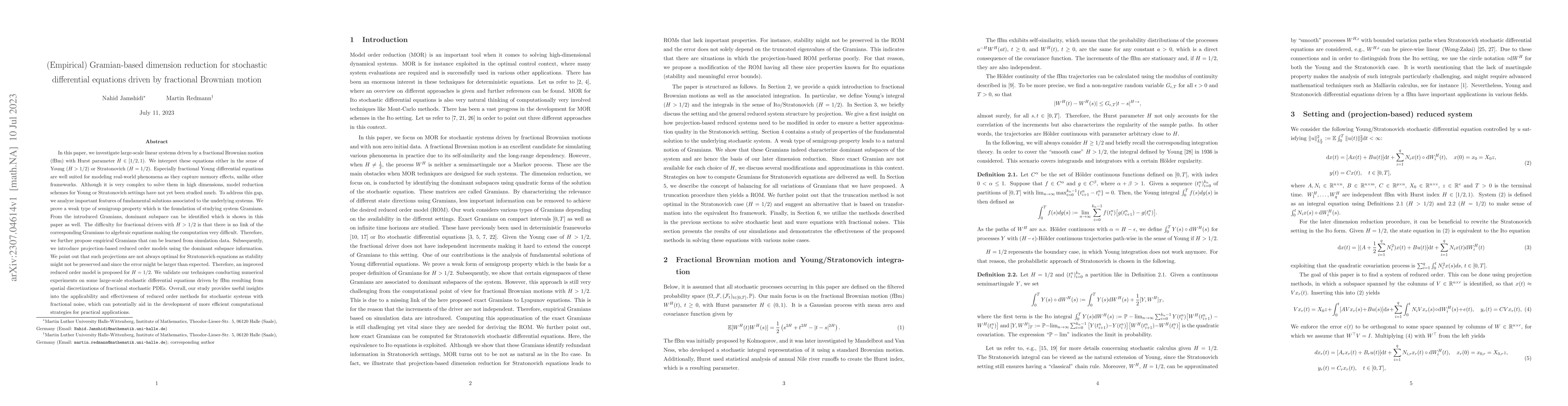 Thumbnail for (Empirical) Gramian-based dimension reduction for stochastic
  differential equations driven by fractional Brownian motion