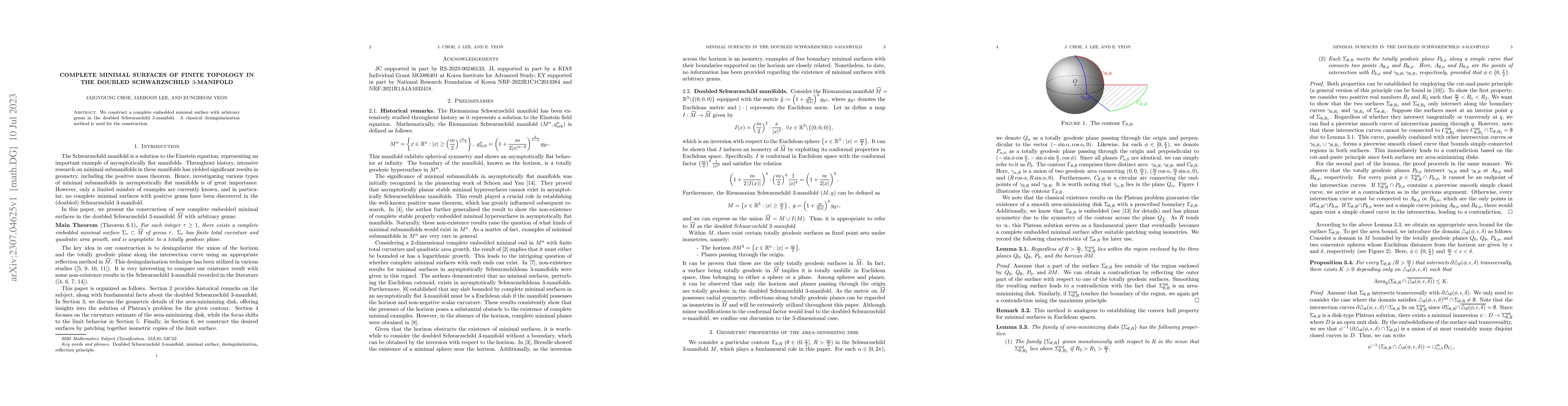 Thumbnail for Complete minimal surfaces of finite topology in the doubled
  Schwarzschild 3-manifold