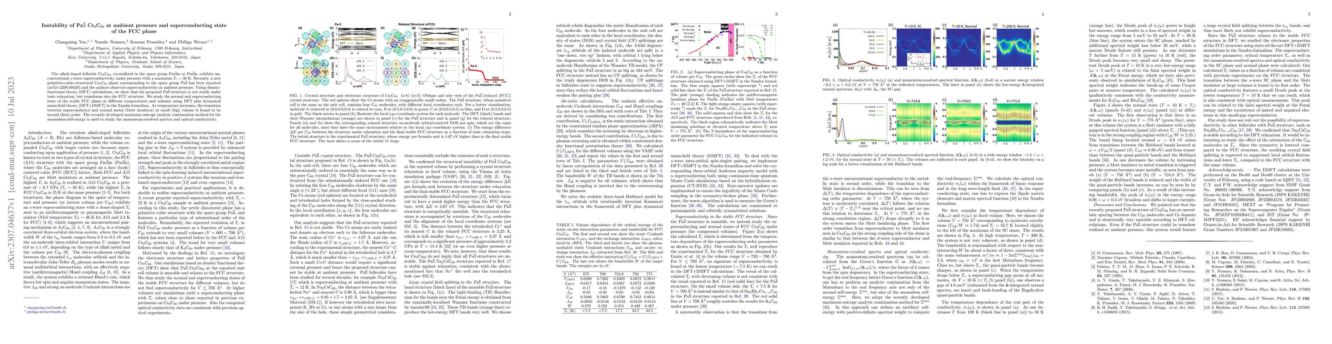 Thumbnail for Instability of Pa$\overline 3$ Cs$_{3}$C$_{60}$ at ambient pressure and
  superconducting state of the FCC phase