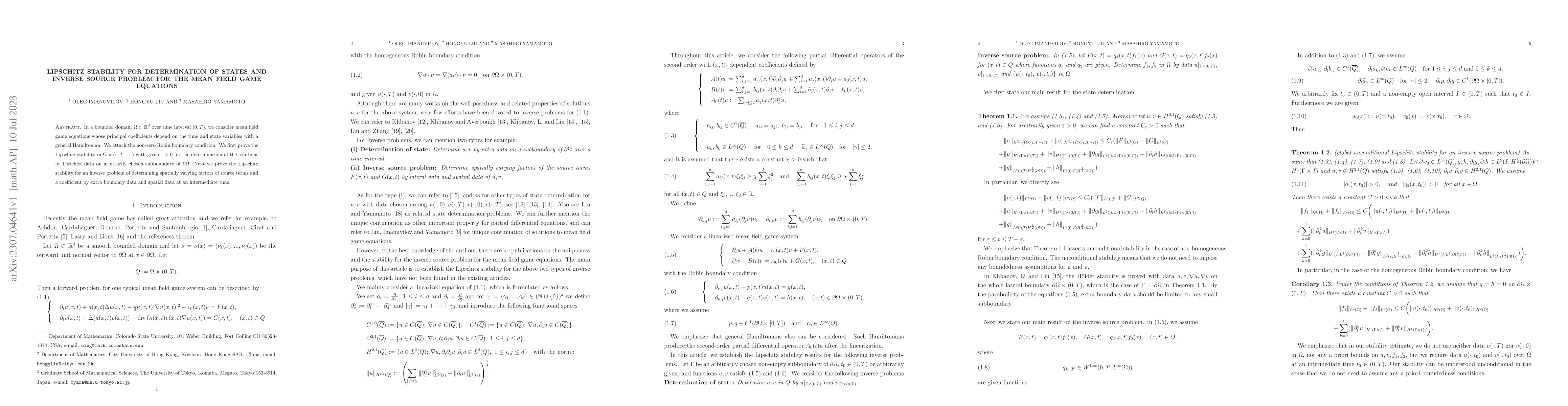 Thumbnail for Lipschitz stability for determination of states and inverse source
  problem for the mean field game equations