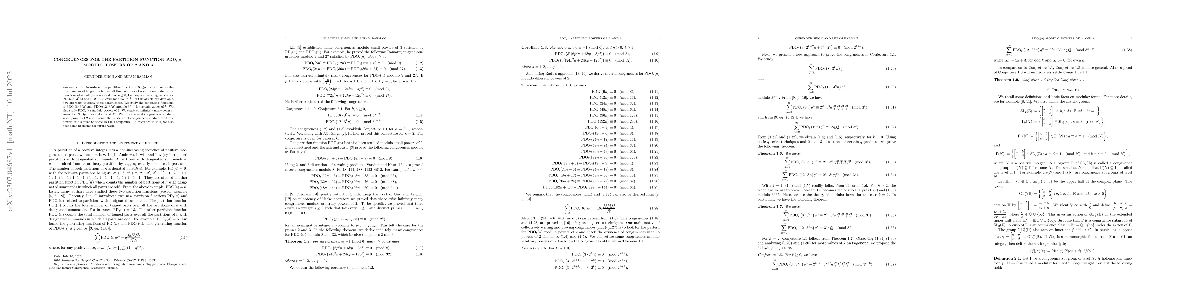 Thumbnail for Congruences for the partition function $\text{PDO}_t(n)$ modulo powers
  of $2$ and $3$