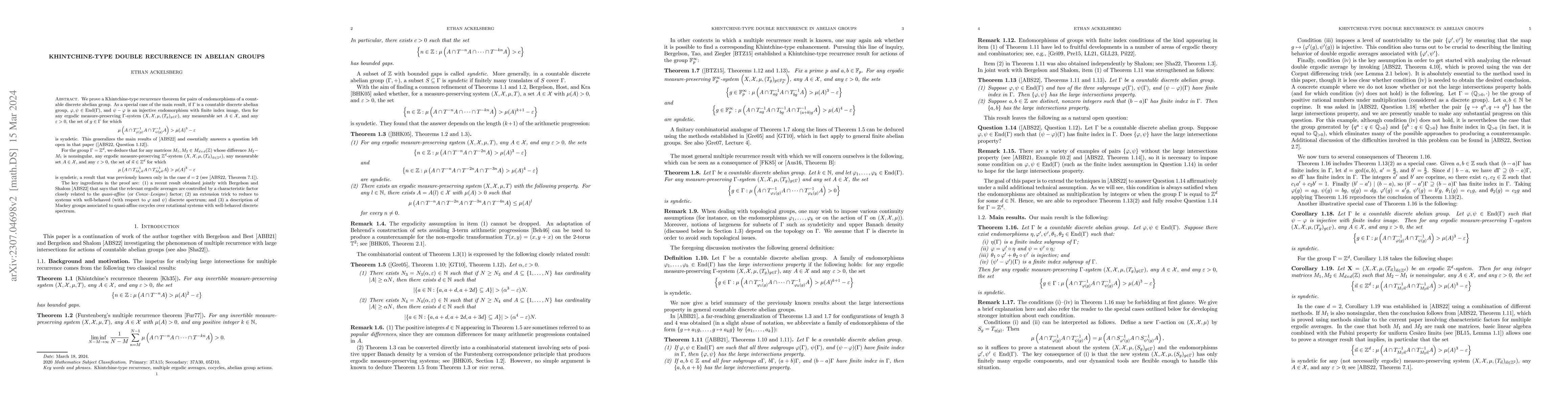 Thumbnail for Khintchine-type double recurrence in abelian groups