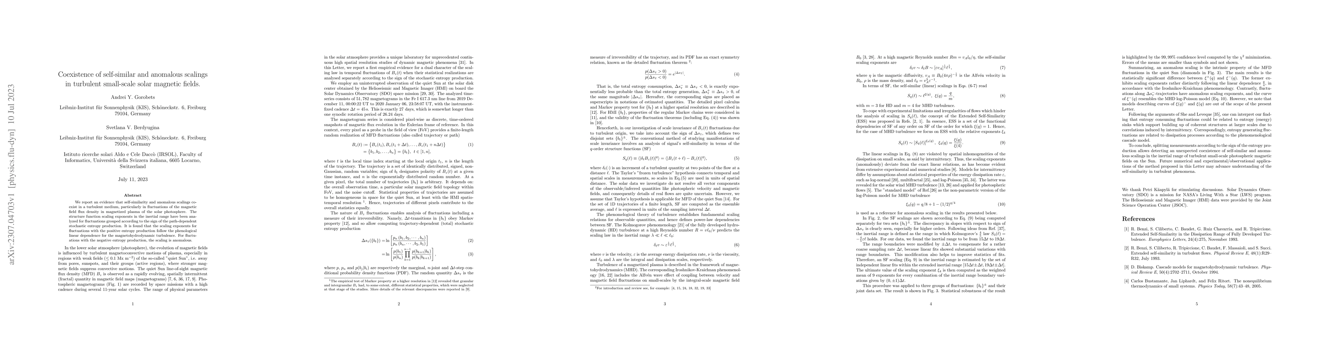 Thumbnail for Coexistence of self-similar and anomalous scalings in turbulent
  small-scale solar magnetic fields