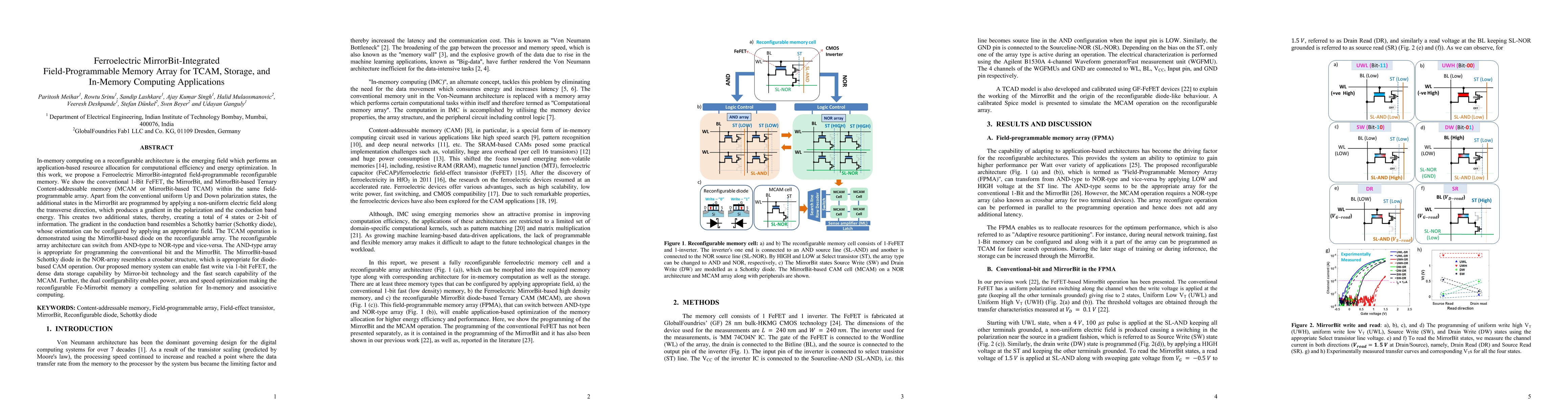 Thumbnail for Ferroelectric MirrorBit-Integrated Field-Programmable Memory Array for
  TCAM, Storage, and In-Memory Computing Applications