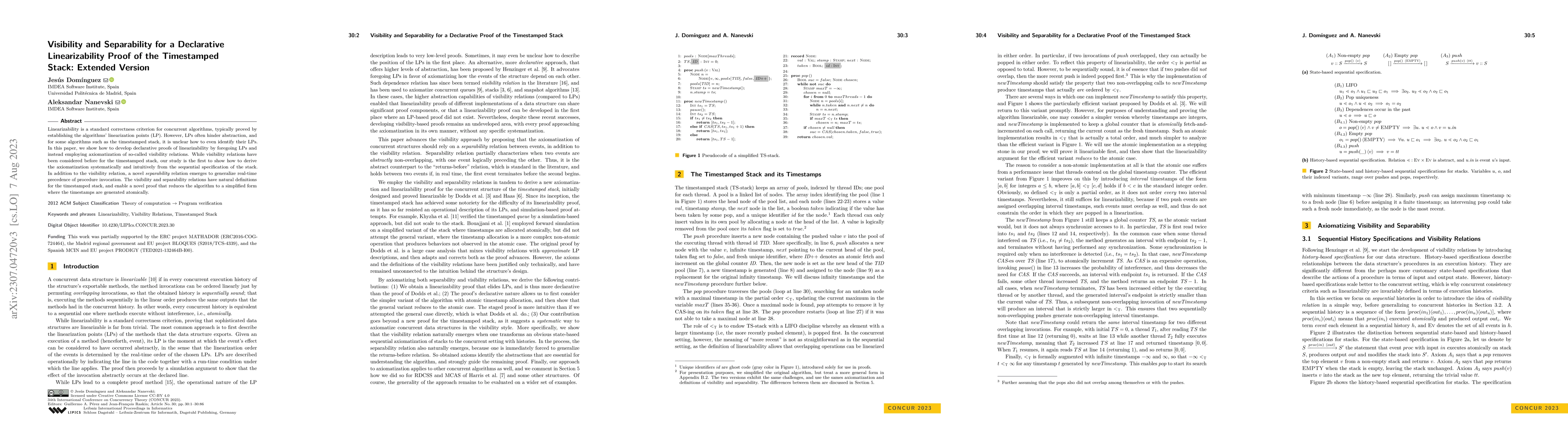 Thumbnail for Visibility and Separability for a Declarative Linearizability Proof of
  the Timestamped Stack: Extended Version