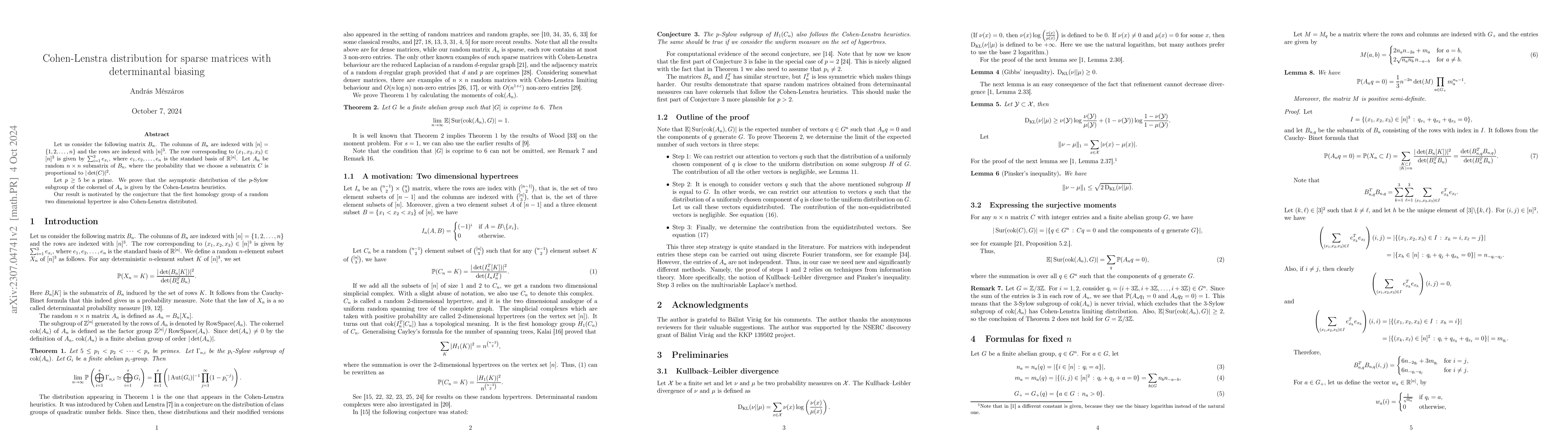 Thumbnail for Cohen-Lenstra distribution for sparse matrices with determinantal
  biasing