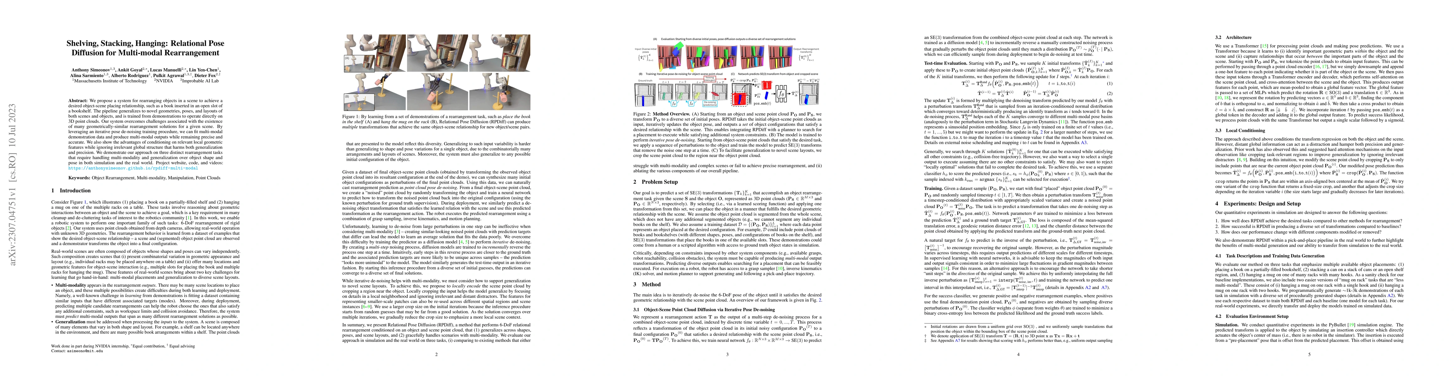 Thumbnail for Shelving, Stacking, Hanging: Relational Pose Diffusion for Multi-modal
  Rearrangement