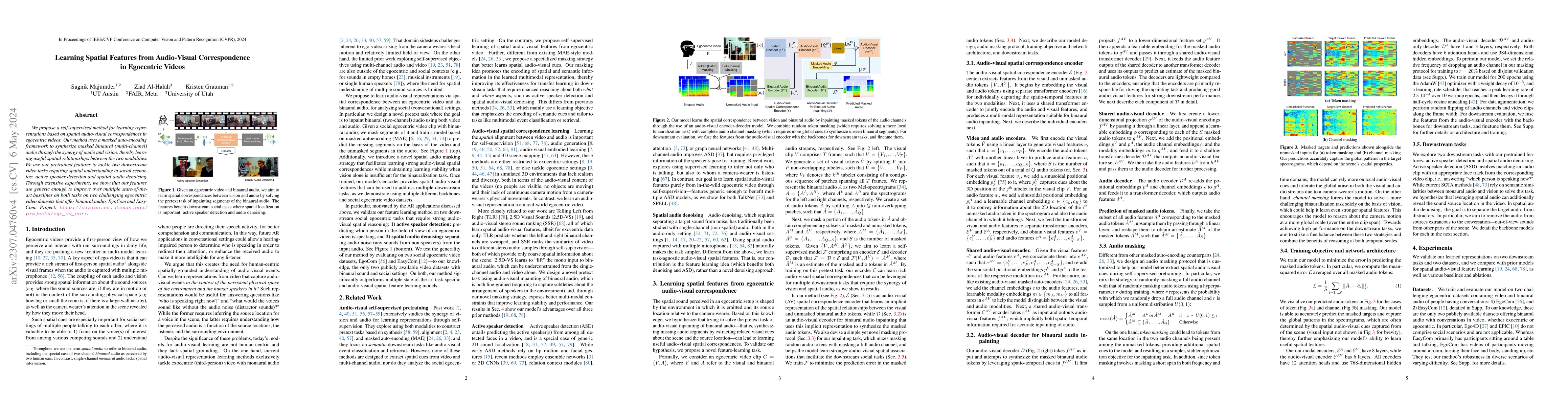 Thumbnail for Learning Spatial Features from Audio-Visual Correspondence in Egocentric
  Videos