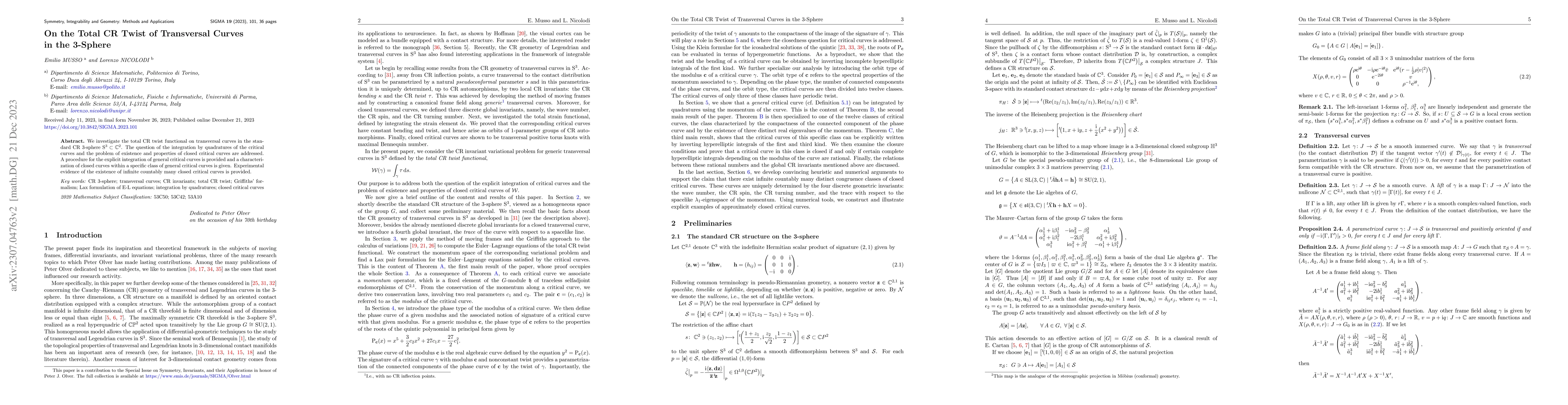Thumbnail for On the Total CR Twist of Transversal Curves in the 3-Sphere