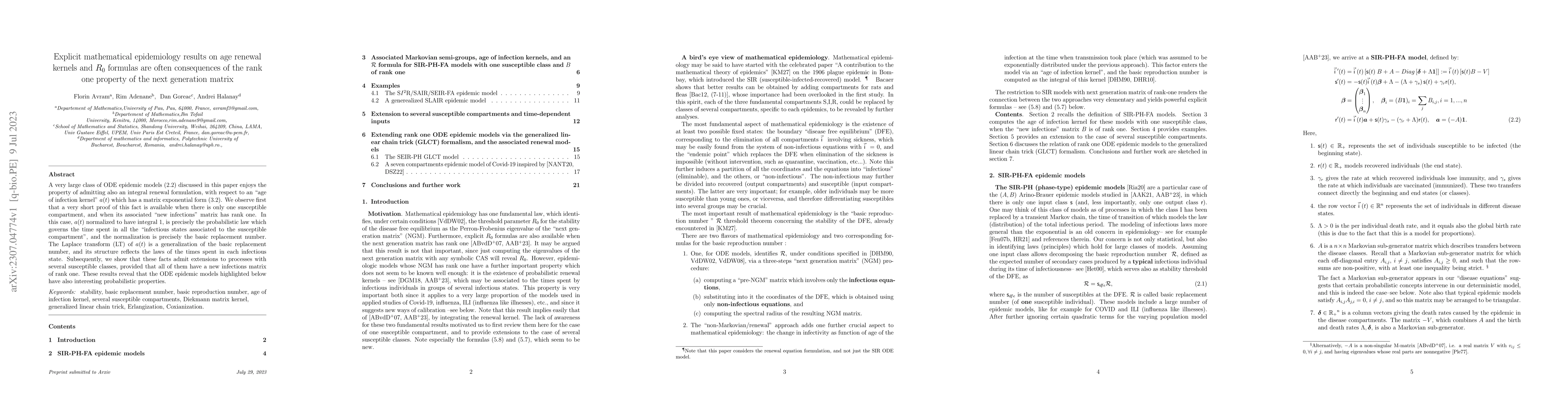 Thumbnail for Explicit mathematical epidemiology results on age renewal kernels and R0
  formulas are often consequences of the rank one property of the next
  generation matrix