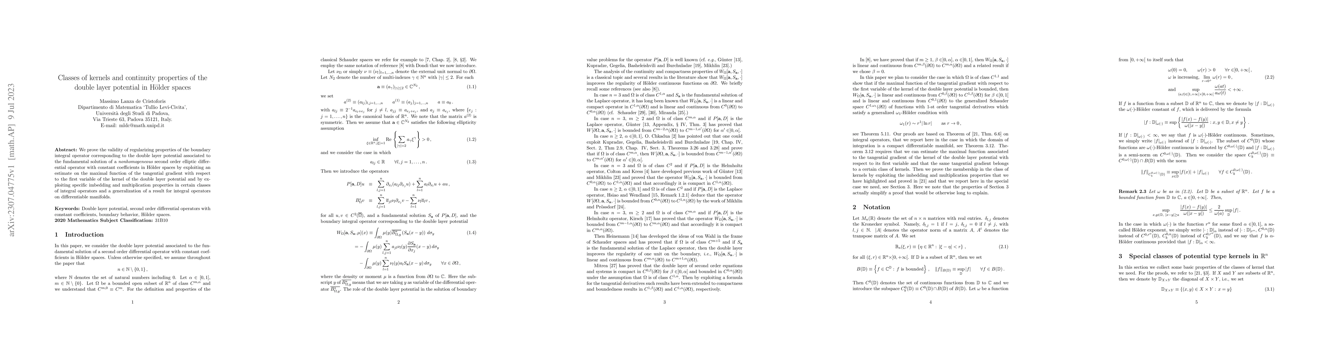 Thumbnail for Classes of kernels and continuity properties of the double layer
  potential in H\"{o}lder spaces
