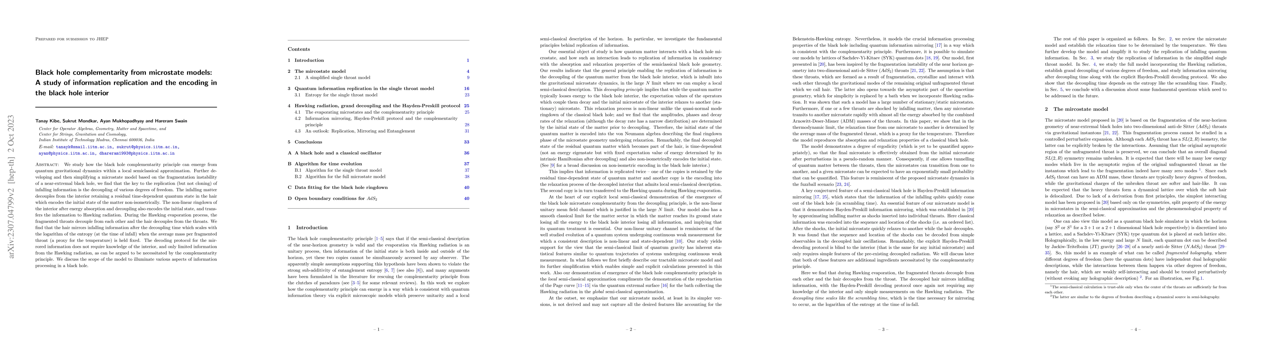 Thumbnail for Black hole complementarity from microstate models: A study of
  information replication and the encoding in the black hole interior