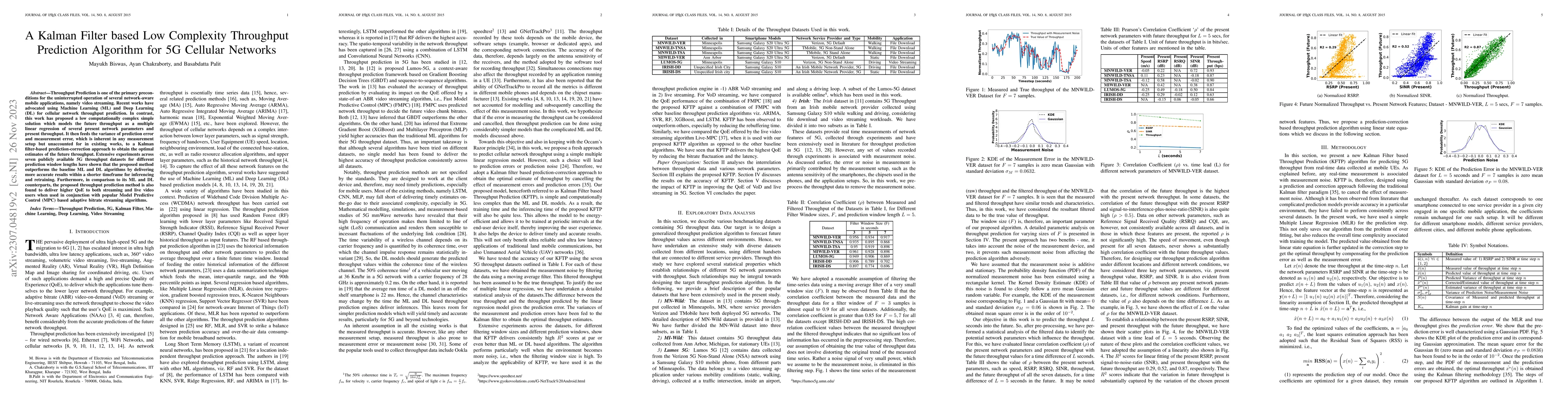 Thumbnail for A Kalman Filter based Low Complexity Throughput Prediction Algorithm for
  5G Cellular Networks