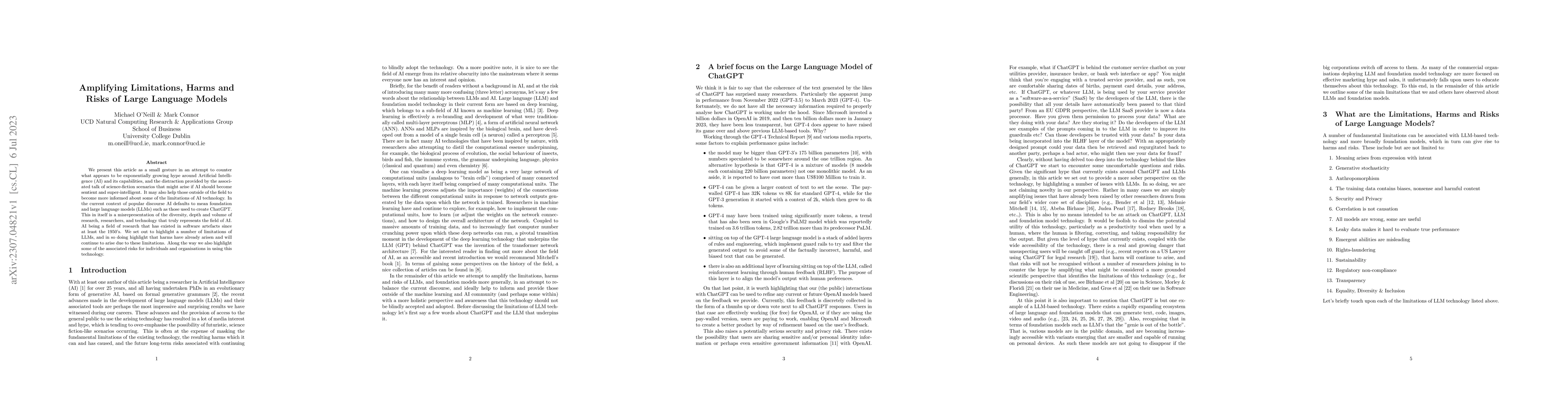 Thumbnail for Amplifying Limitations, Harms and Risks of Large Language Models