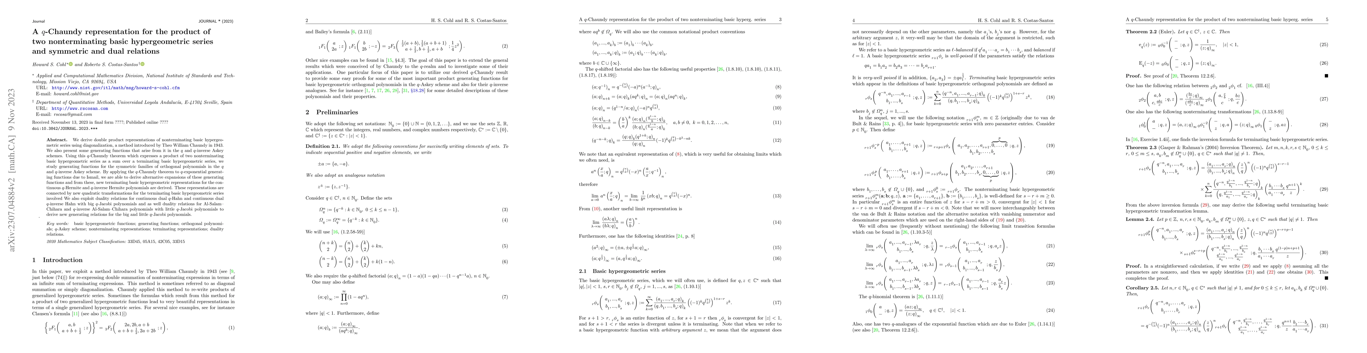 Thumbnail for A $q$-Chaundy representation for the product of two nonterminating basic
  hypergeometric series and symmetric and dual relations