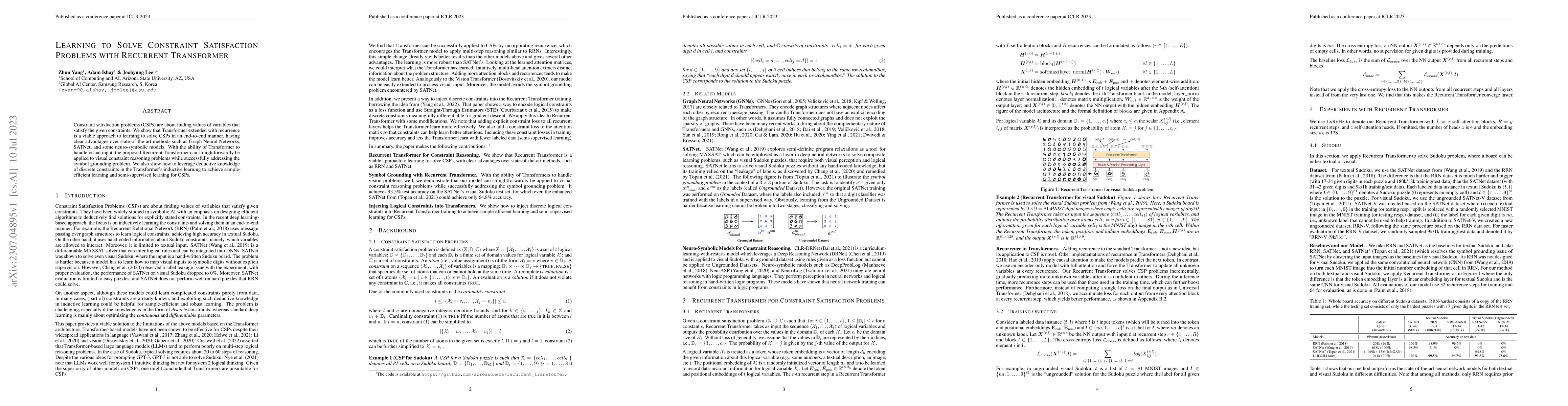 Thumbnail for Learning to Solve Constraint Satisfaction Problems with Recurrent
  Transformer