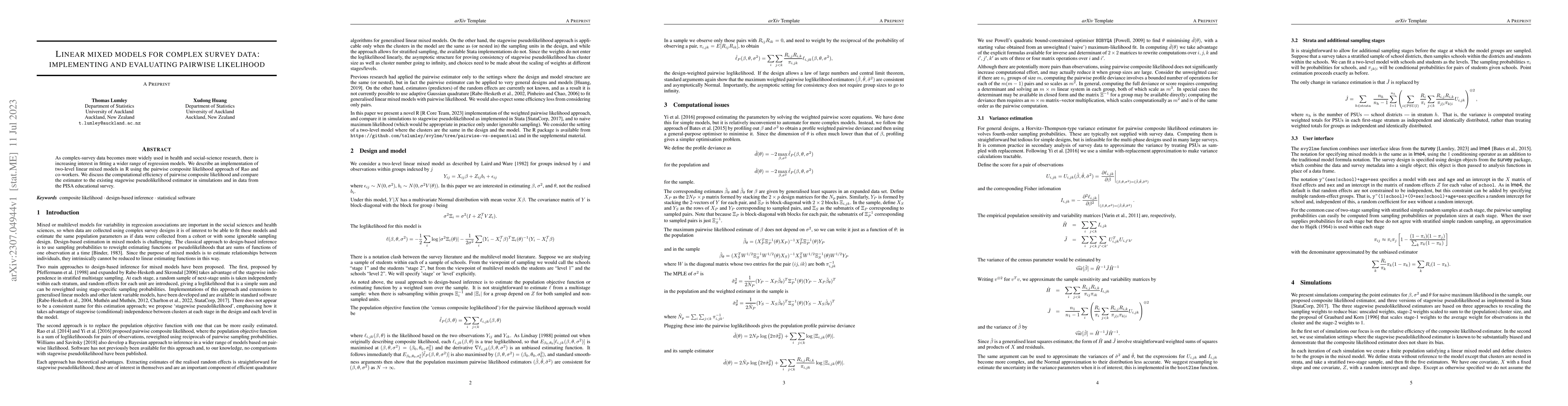 Thumbnail for Linear mixed models for complex survey data: implementing and evaluating
  pairwise likelihood