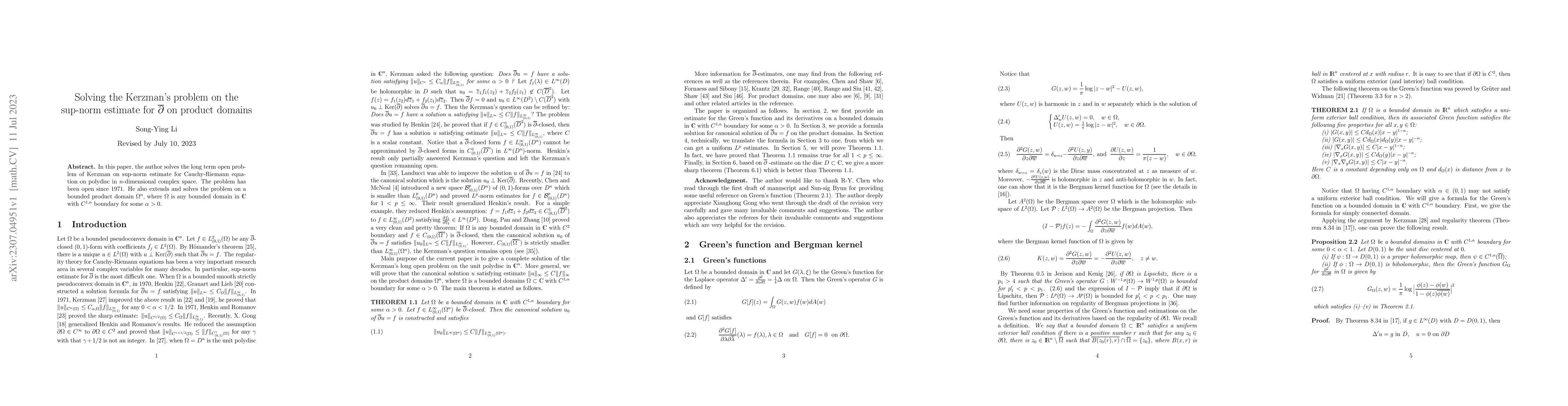 Thumbnail for Solving the Kerzman's problem on the sup-norm estimate for
  $\bar\partial$ on product domains