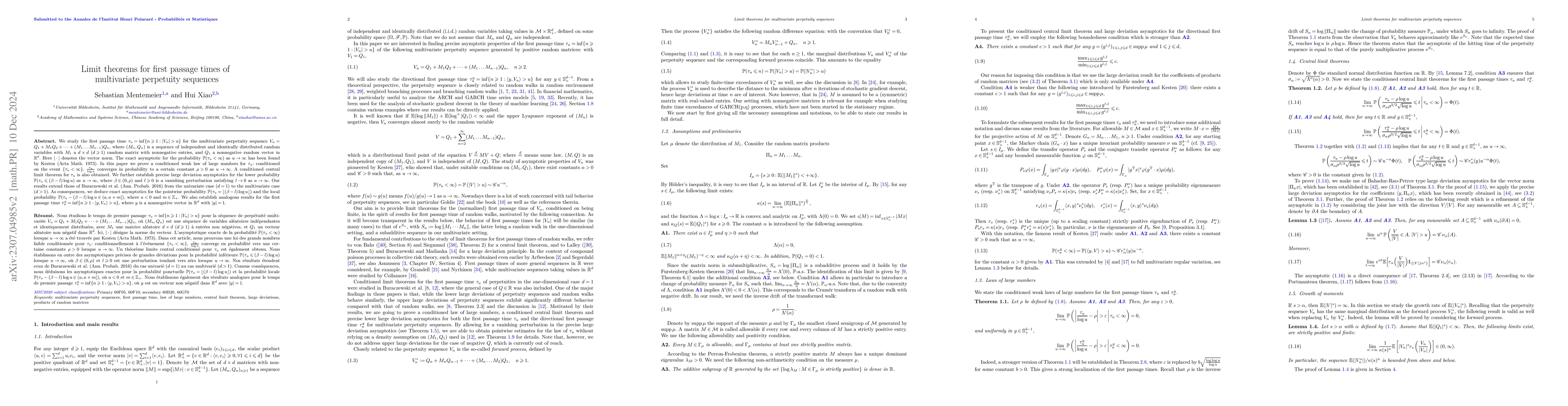 Thumbnail for Limit theorems for first passage times of multivariate perpetuity
  sequences