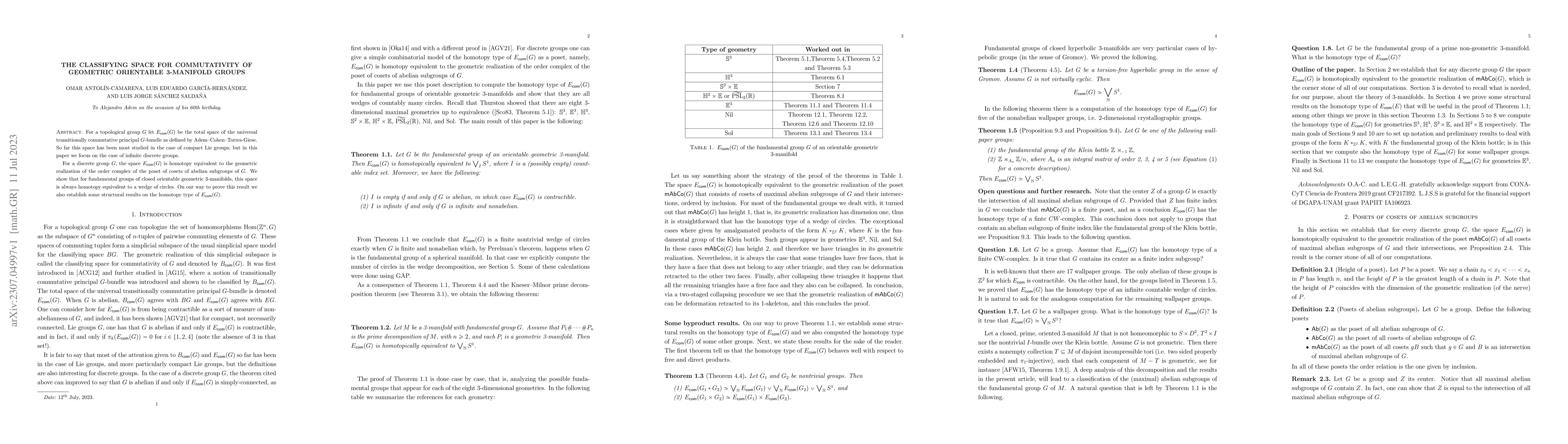 Thumbnail for The classifying space for commutativity of geometric orientable
  3-manifold groups