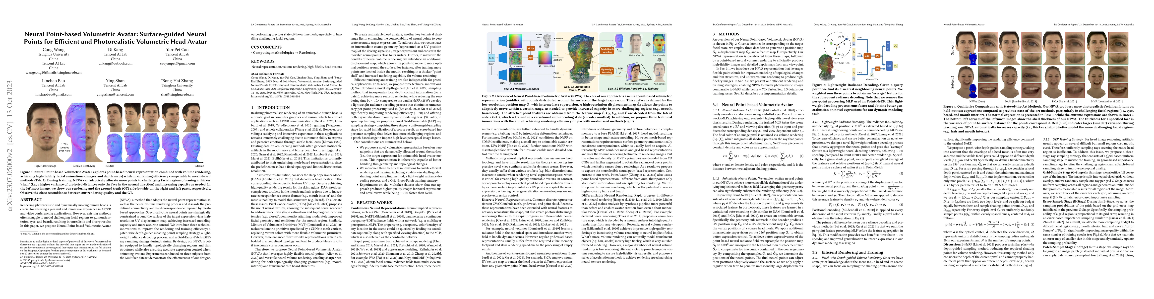 Thumbnail for Neural Point-based Volumetric Avatar: Surface-guided Neural Points for
  Efficient and Photorealistic Volumetric Head Avatar