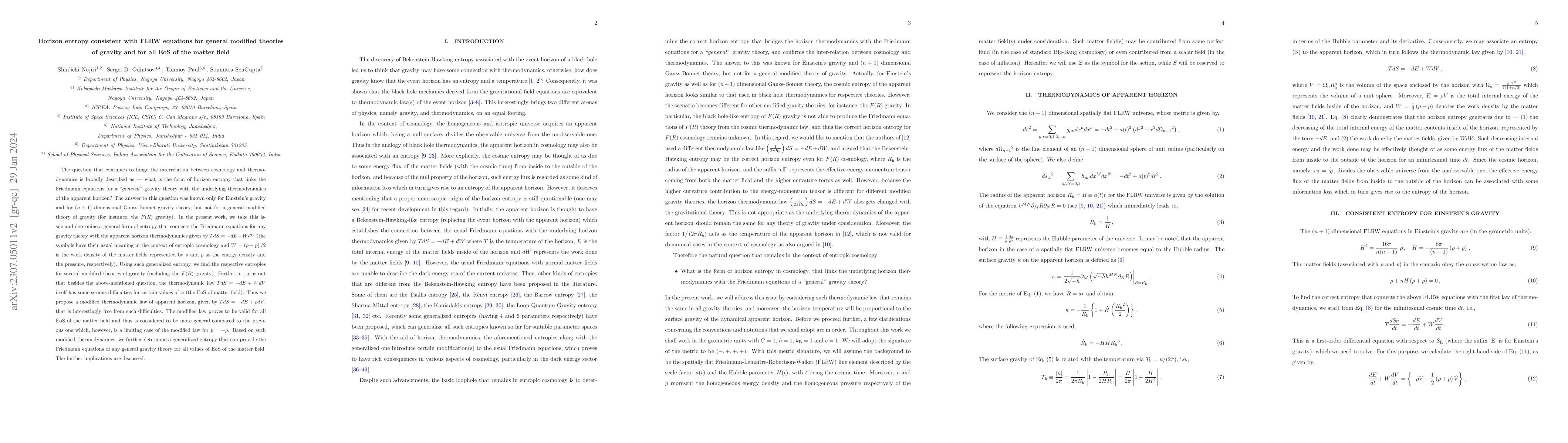 Thumbnail for Horizon entropy consistent with FLRW equations for general modified
  theories of gravity and for all EoS of the matter field
