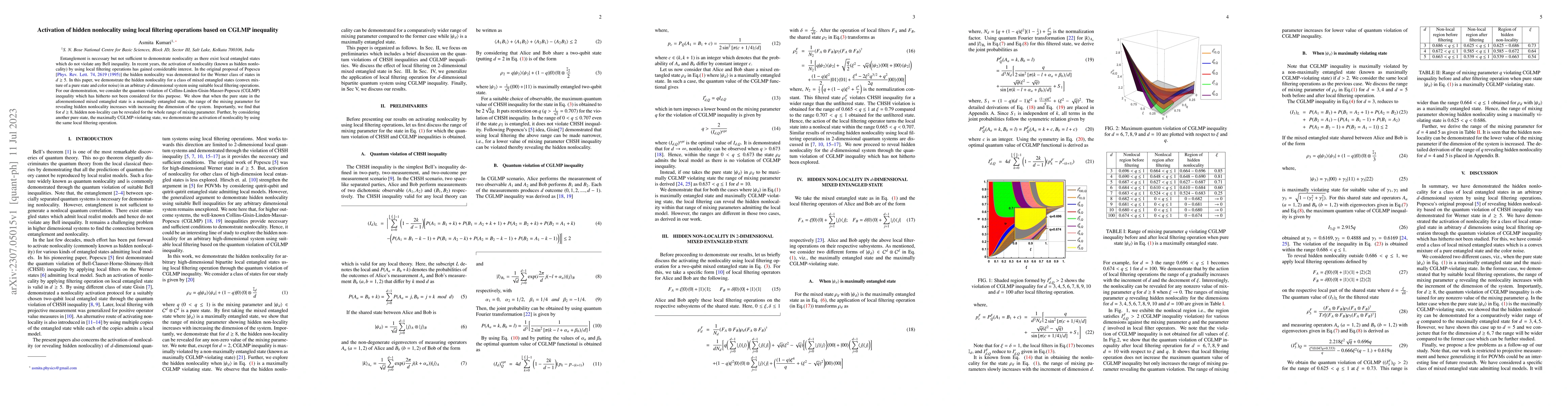 Thumbnail for Activation of hidden nonlocality using local filtering operations based
  on CGLMP inequality