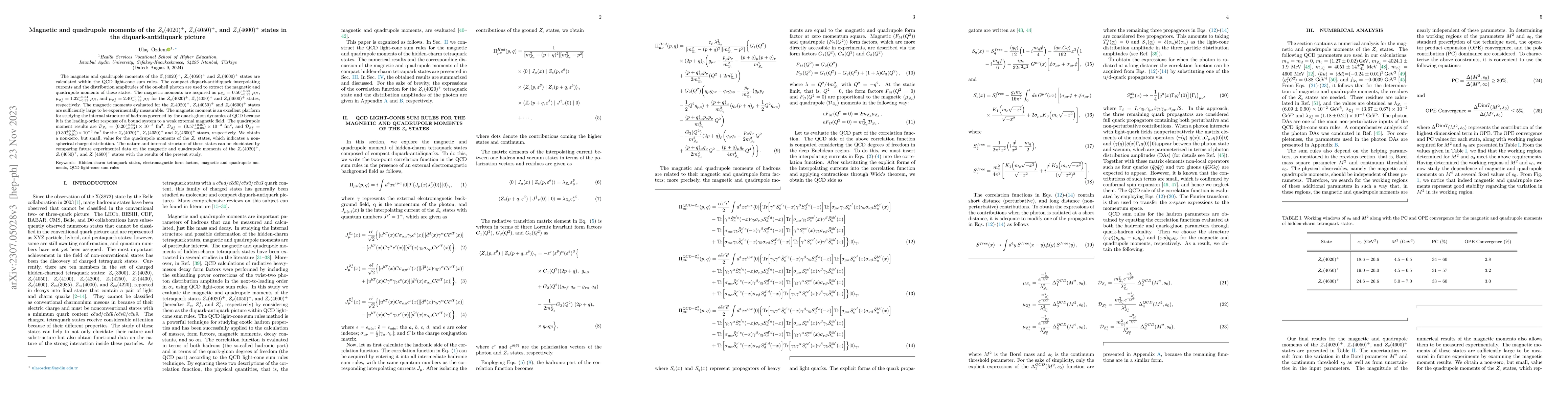 Thumbnail for Magnetic and quadrupole moments of the $Z_{c}(4020)^+$, $Z_{c}(4050)^+$,
  and $Z_{c}(4600)^{+}$ states in the diquark-antidiquark picture