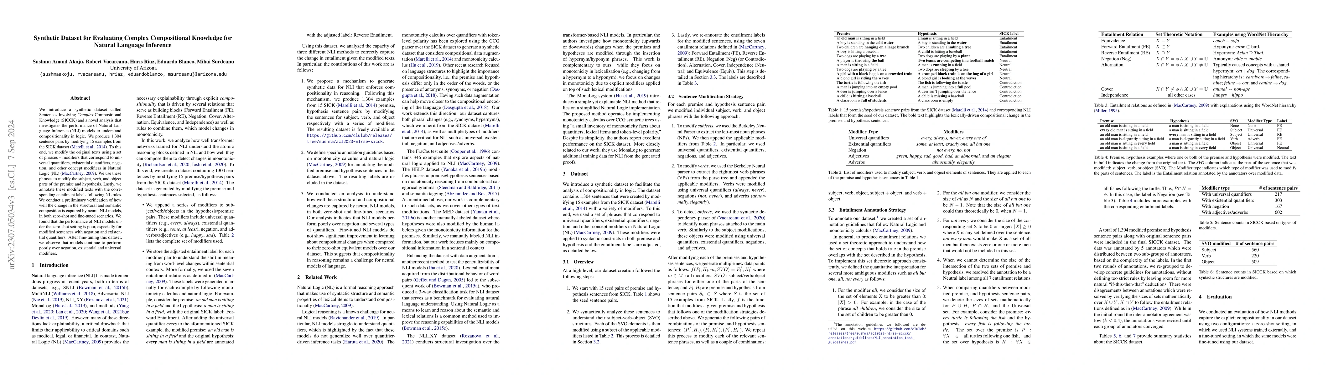 Thumbnail for Synthetic Dataset for Evaluating Complex Compositional Knowledge for
  Natural Language Inference