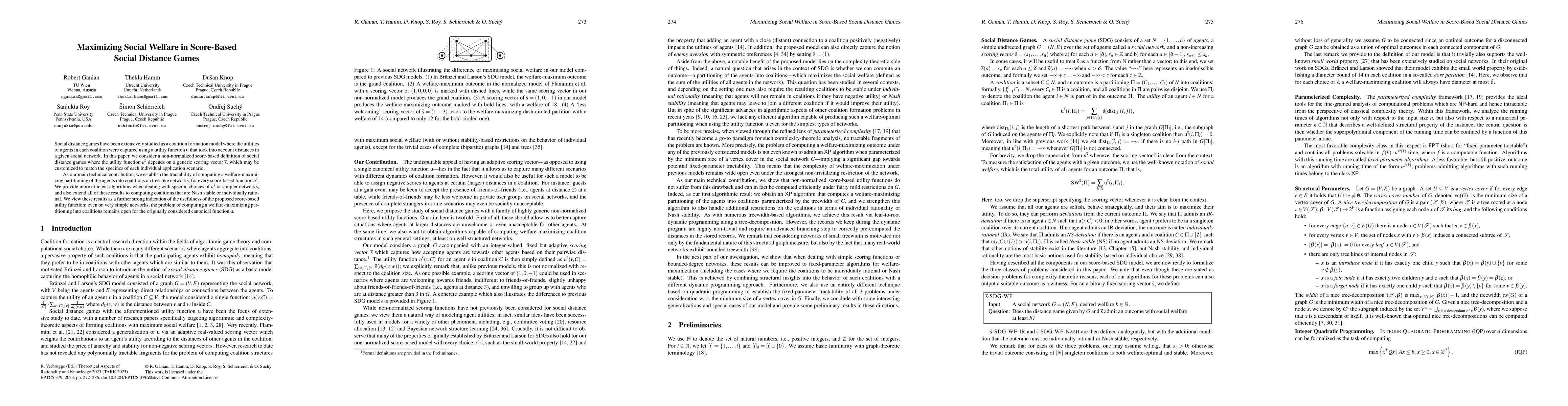 Thumbnail for Maximizing Social Welfare in Score-Based Social Distance Games