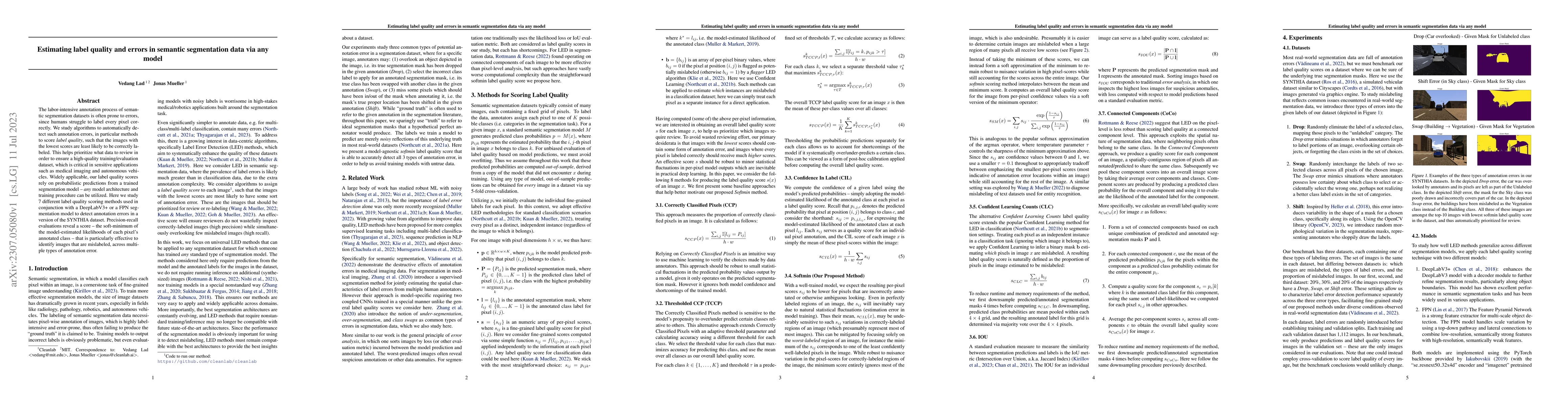 Thumbnail for Estimating label quality and errors in semantic segmentation data via
  any model