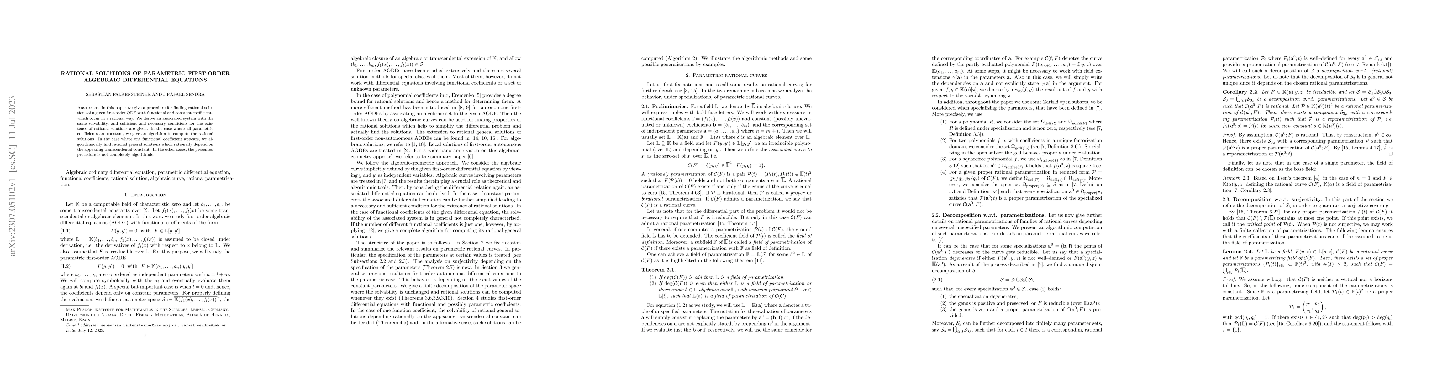 Thumbnail for Rational Solutions of Parametric First-Order Algebraic Differential
  Equations